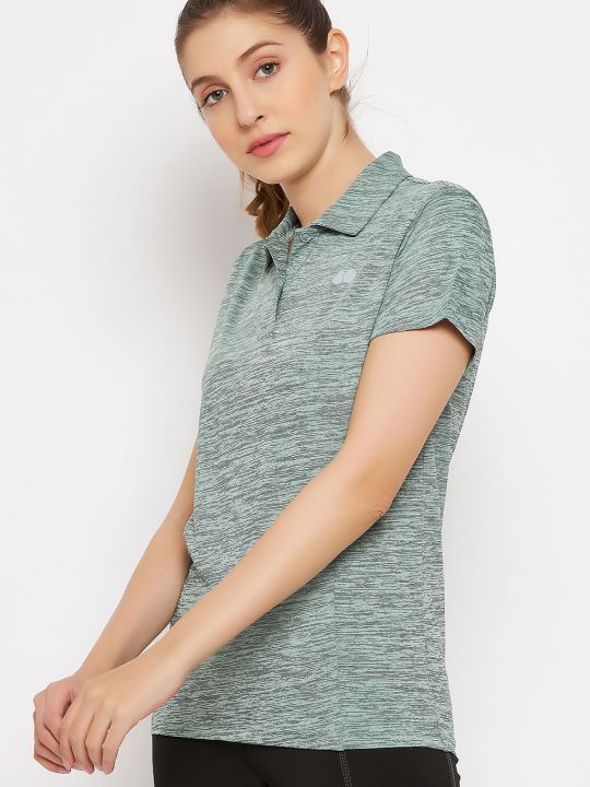 Polo Neck Active T-shirt in Green Melange