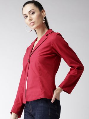 Popnetic Women Red Solid Single-Breasted Casual Pure Cotton Blazer