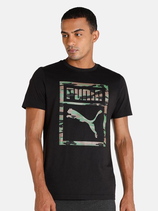 Puma Men Black Cotton Brand Logo Printed Slim Fit T-shirt