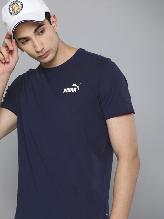 Puma Men Navy Blue Printed Detail Essentials Small Logo Cotton Pure Cotton T-shirt