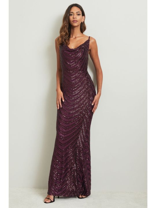 Purple Regular Berry Sequin Cami Cowl Bridesmaid Dress (Lipsy)