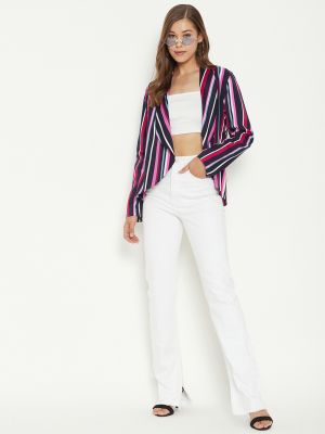 PURYS Women Navy Blue & Pink Striped Front-Open Casual Blazer