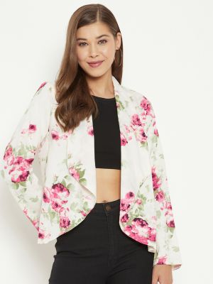 PURYS Women Off-White Floral Print Front-Open Blazer