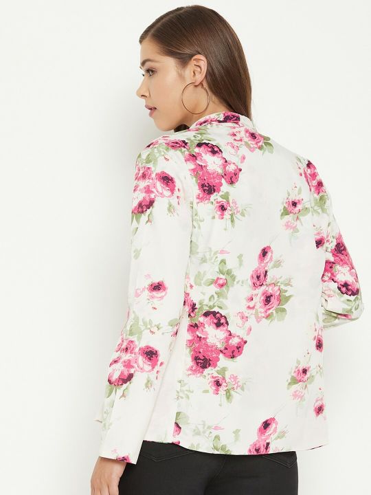 PURYS Women Off-White Floral Print Front-Open Blazer