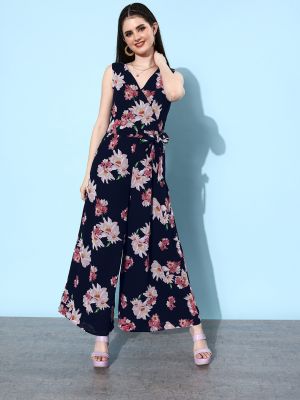 QUIERO Women Navy Blue & Pink Floral Printed Flared Jumpsuit