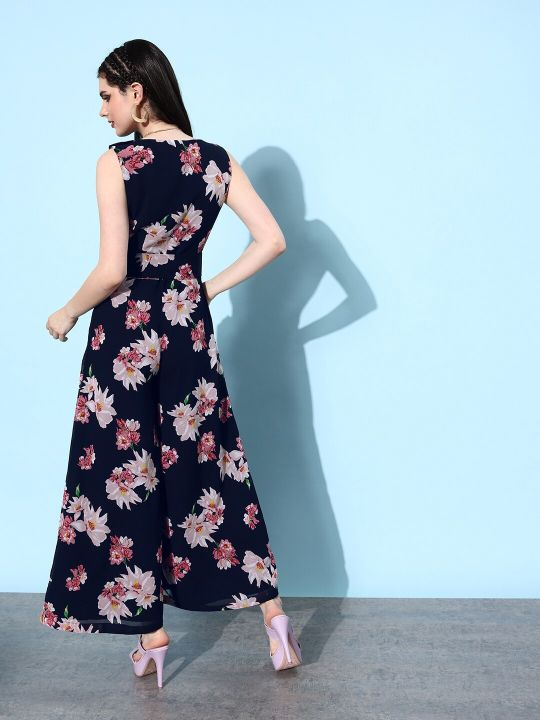 QUIERO Women Navy Blue & Pink Floral Printed Flared Jumpsuit