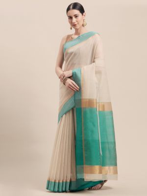 Rajnandini Beige & Green Cotton Blend Woven Design Saree