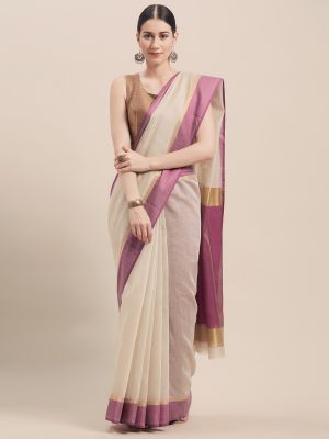 Rajnandini Beige & Purple Cotton Blend Woven Design Saree