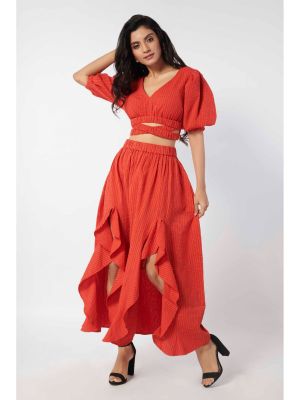 Red Seersucker Midi Skirt (How When Wear)