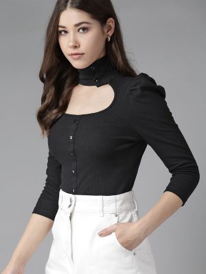 Roadster Black Ribbed Top with Puff Sleeves