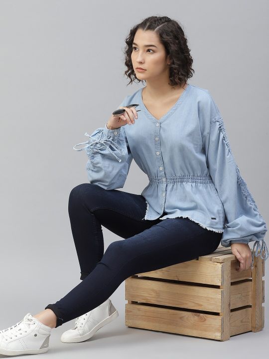 Roadster Blue Cotton Indigo Solid Cinched Waist Top