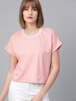 Roadster Dusty Pink Boxy Fit Round Neck Cropped Pure Cotton Top