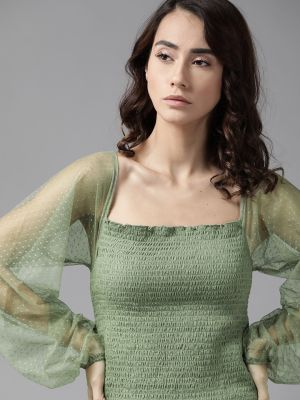 Roadster Green Solid Smocked Fitted Top