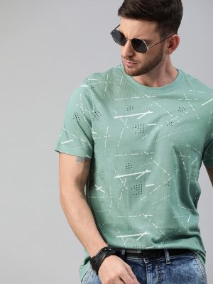 Roadster Men Green White Printed Round Neck Pure Cotton T-shirt
