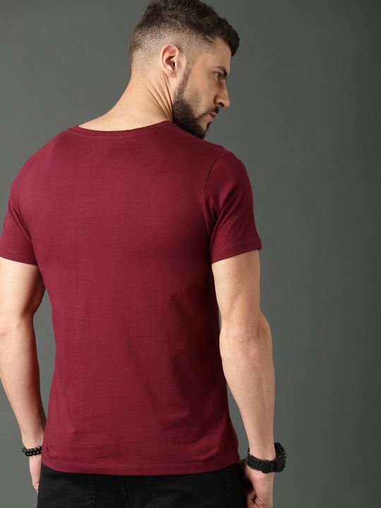 Roadster Men Maroon Printed Round Neck Pure Cotton T-shirt