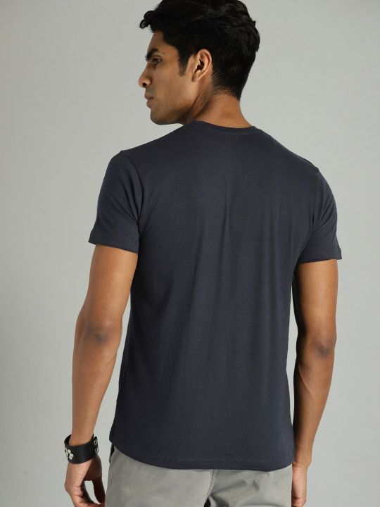 Roadster Men Navy Blue Beige Printed Round Neck Pure Cotton T-shirt