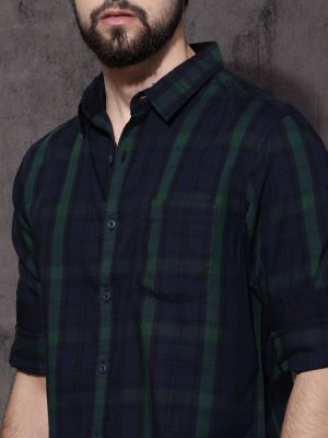 Roadster Men Navy Blue & Green Checked Casual Sustainable Shirt