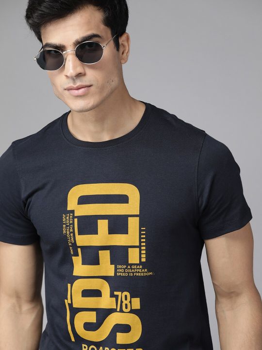 Roadster Men Navy Blue & Mustard Yellow Printed Cotton Round Neck T-shirt