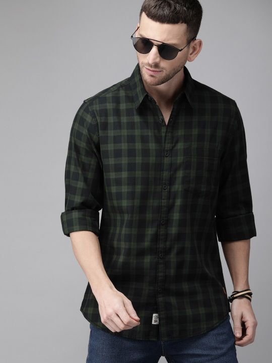 Roadster Men Olive Green & Black Checked Sustainable Casual Shirt