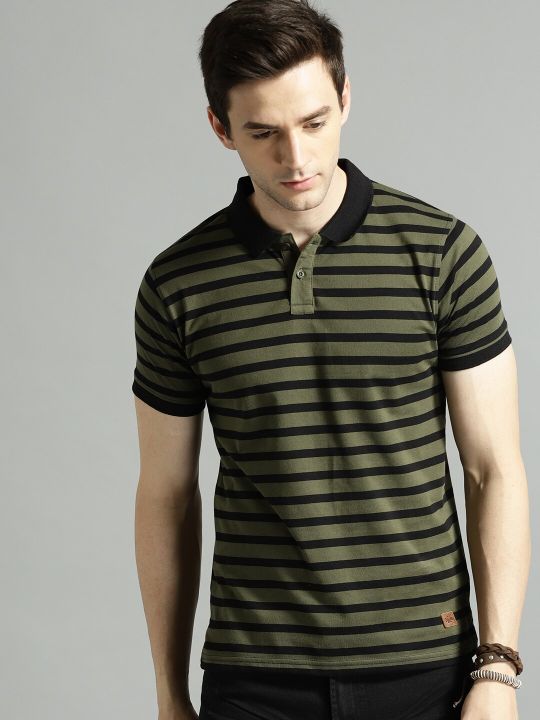 Roadster Men Olive Green & Black Striped Polo Collar T-shirt