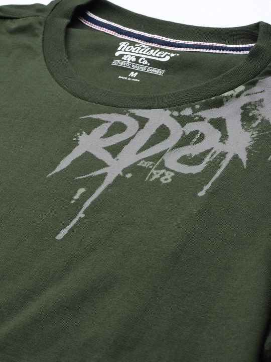 Roadster Men Olive Green & Grey Pure Cotton Brand Logo Print Detail T-shirt