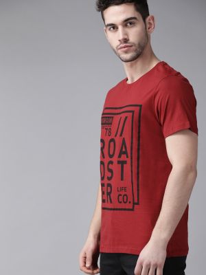 Roadster Men Red Black Pure Cotton Brand Logo Print Round Neck Pure Cotton T-shirt
