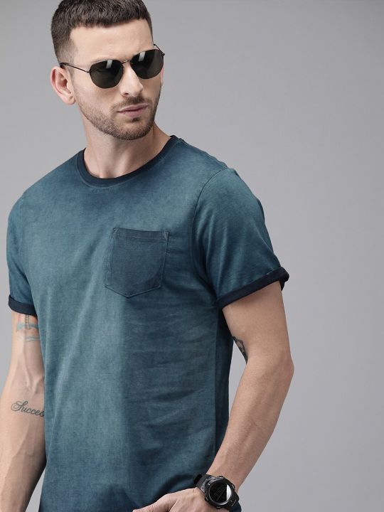 Roadster Men Teal Blue Dyed Round Neck Pure Cotton T-shirt