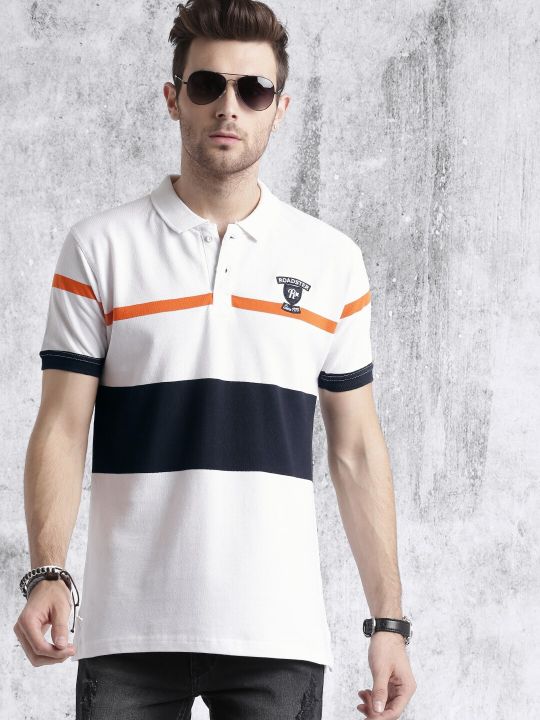 Roadster Men White Striped Polo Pure Cotton T-shirt