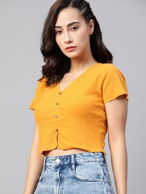 Roadster Mustard Yellow Ribbed Fitted Crop Top