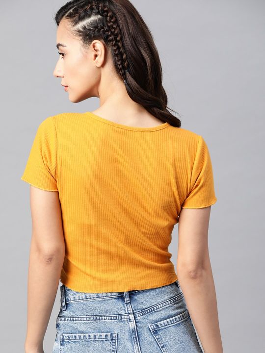 Roadster Mustard Yellow Ribbed Fitted Crop Top