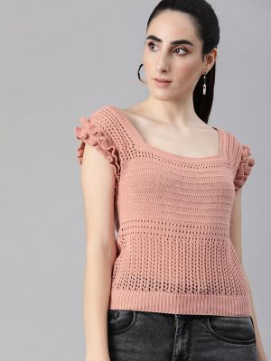 Roadster Pink Puff Sleeve Crochet Regular Top