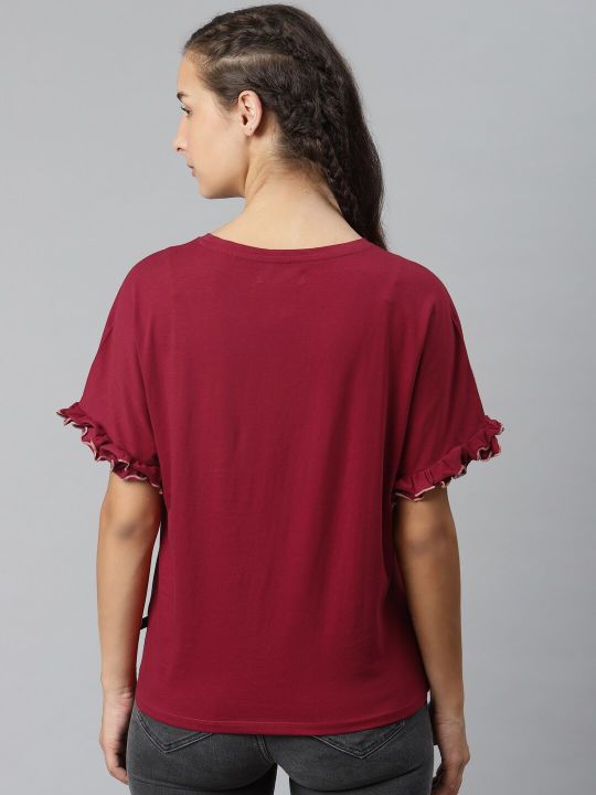Roadster The Lifestyle Co Maroon Cotton Loose Fit Extended Sleeves Solid Top