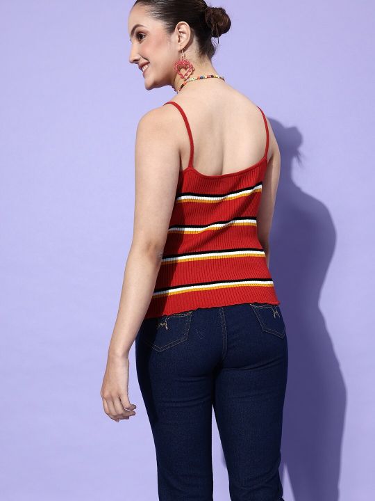 Roadster The Lifestyle Co Maroon & White Self-Striped Ribbed Split Neck with Shoulder Straps Top