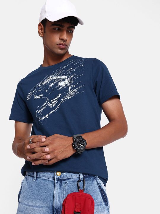 Roadster The Lifestyle Co. Men Navy Blue Pure Cotton Summertime Solace Digi Prints T-shirt