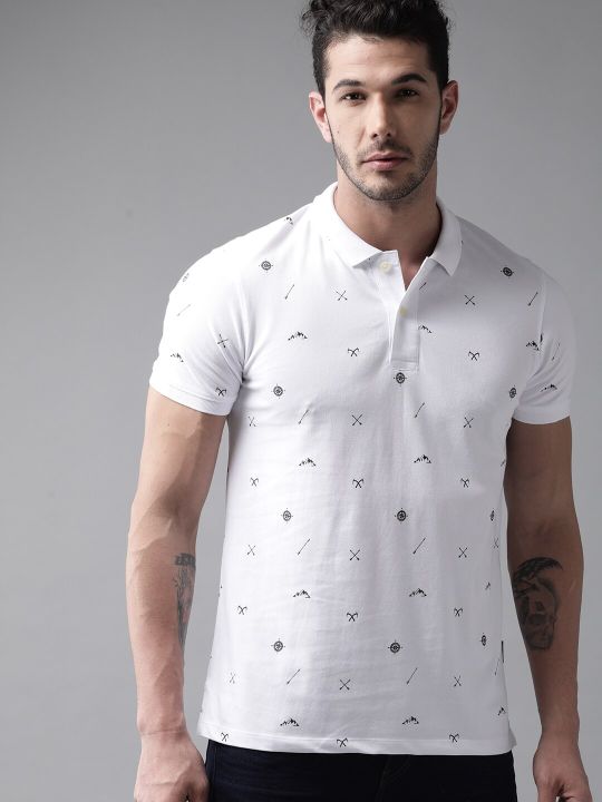 Roadster The Lifestyle Co Men White & Black All Over Printed Polo Collar T-shirt