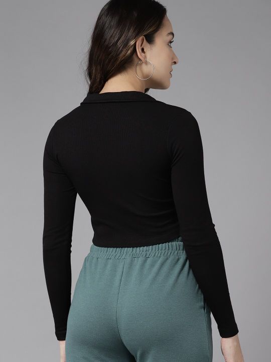 Roadster The Lifestyle Co. Ribbed Polo Collar Fitted Crop Top