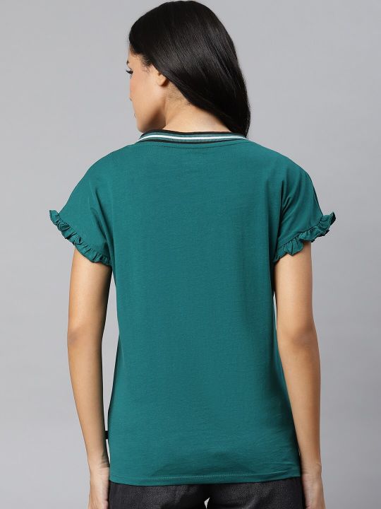 Roadster The Lifestyle Co Teal Green Easy Boxy Extended Sleeves Regular Top with Frilled Trims