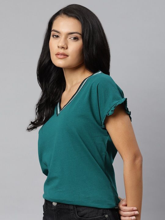 Roadster The Lifestyle Co Teal Green Easy Boxy Extended Sleeves Regular Top with Frilled Trims