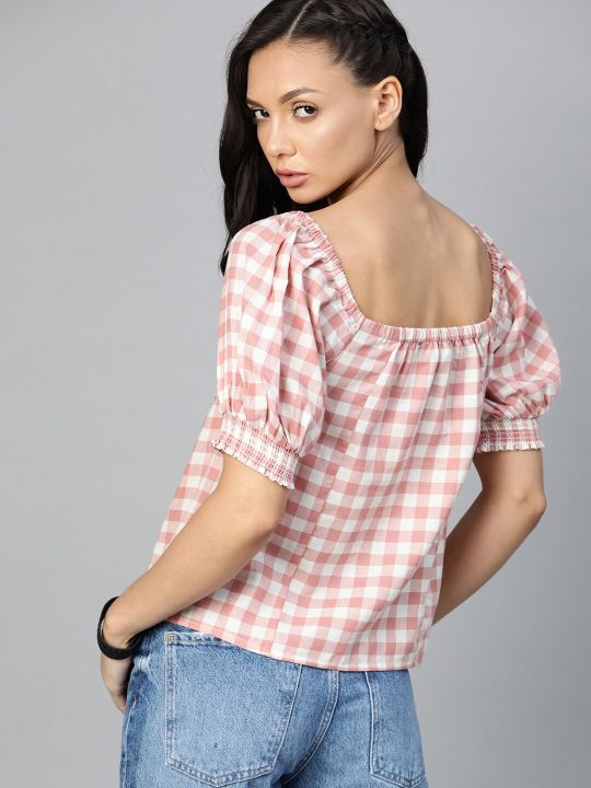 Roadster The Lifestyle Co White & Pink Pure Cotton Checked Puff Sleeve Regular Sustainable Top