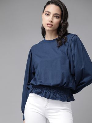 Roadster The Lifestyle Co Women Navy Blue Solid Cinched Waist Top