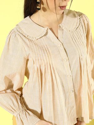 Roadster The Roaster Lifestyle Co.Yellow Striped Peter Pan Collar Pure Cotton Shirt Style Top