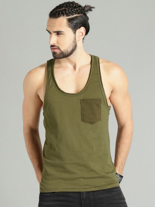 Roadster Time Travlr Men Olive Green Sleveless Pure Cotton T-shirt with Raw Edges