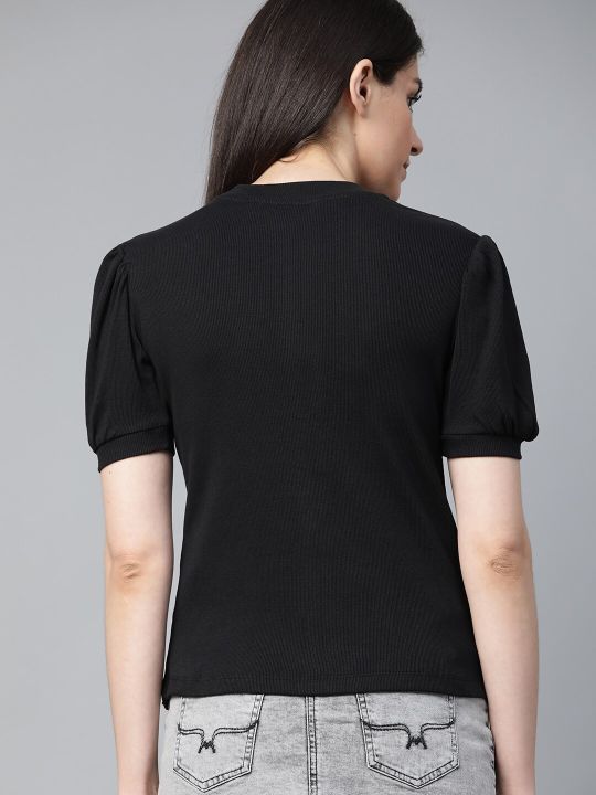 Roadster Women Black Ribbed Pure Cotton Top