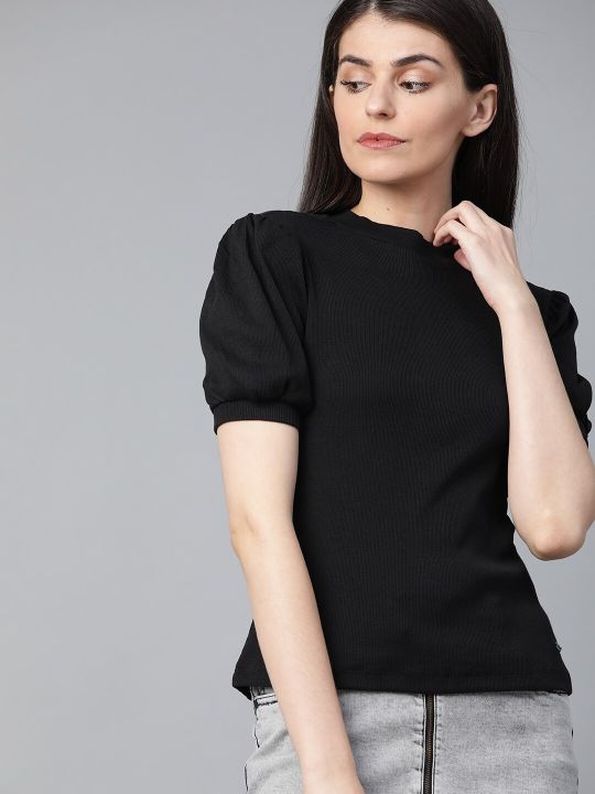 Roadster Women Black Ribbed Pure Cotton Top