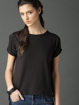 Roadster Women Black Solid Pure Cotton Top With Sleeve Twist