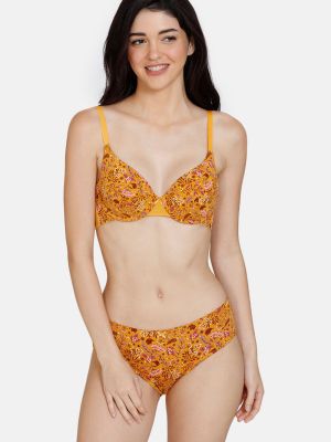 Robin's Song Padded Wired 3/4th Coverage T-Shirt Bra With Hipster Panty - Golden Orange