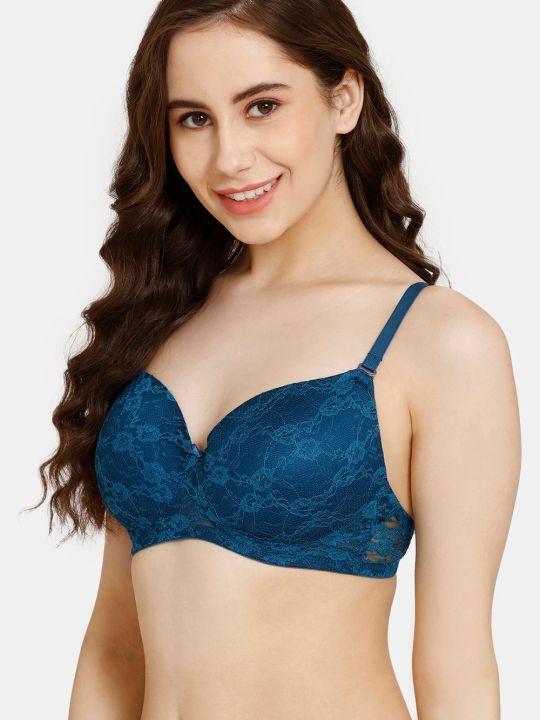 Rosaline Padded Non Wired 3/4th Coverage Lace Bra - Poseidon