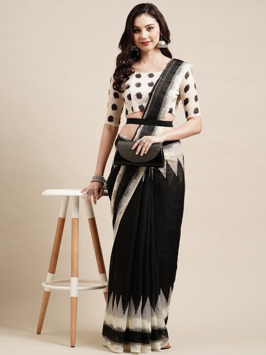 Saree mall Black & White Pure Cotton Sarees