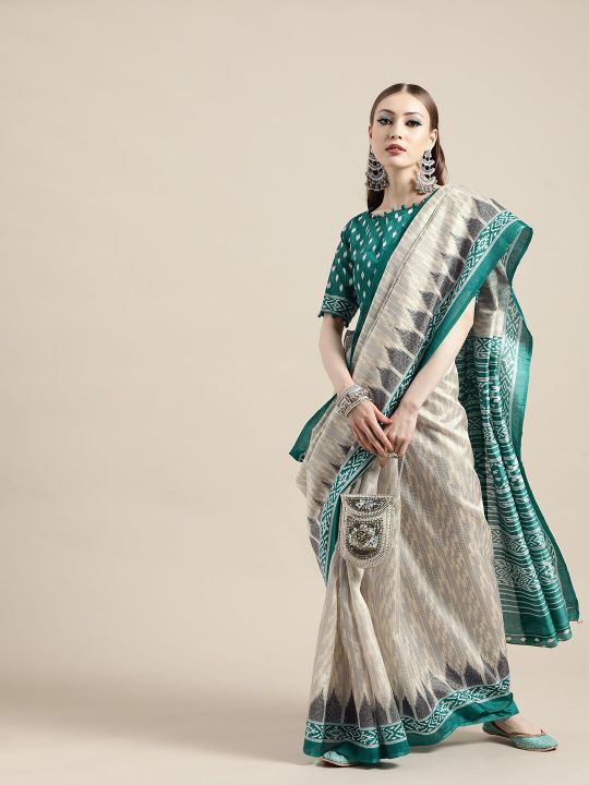 Saree mall Geometric Silk Blend Saree with Printed border