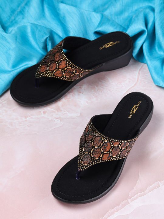 Shezone Copper-Toned Embellished Wedge Heeled Sandals